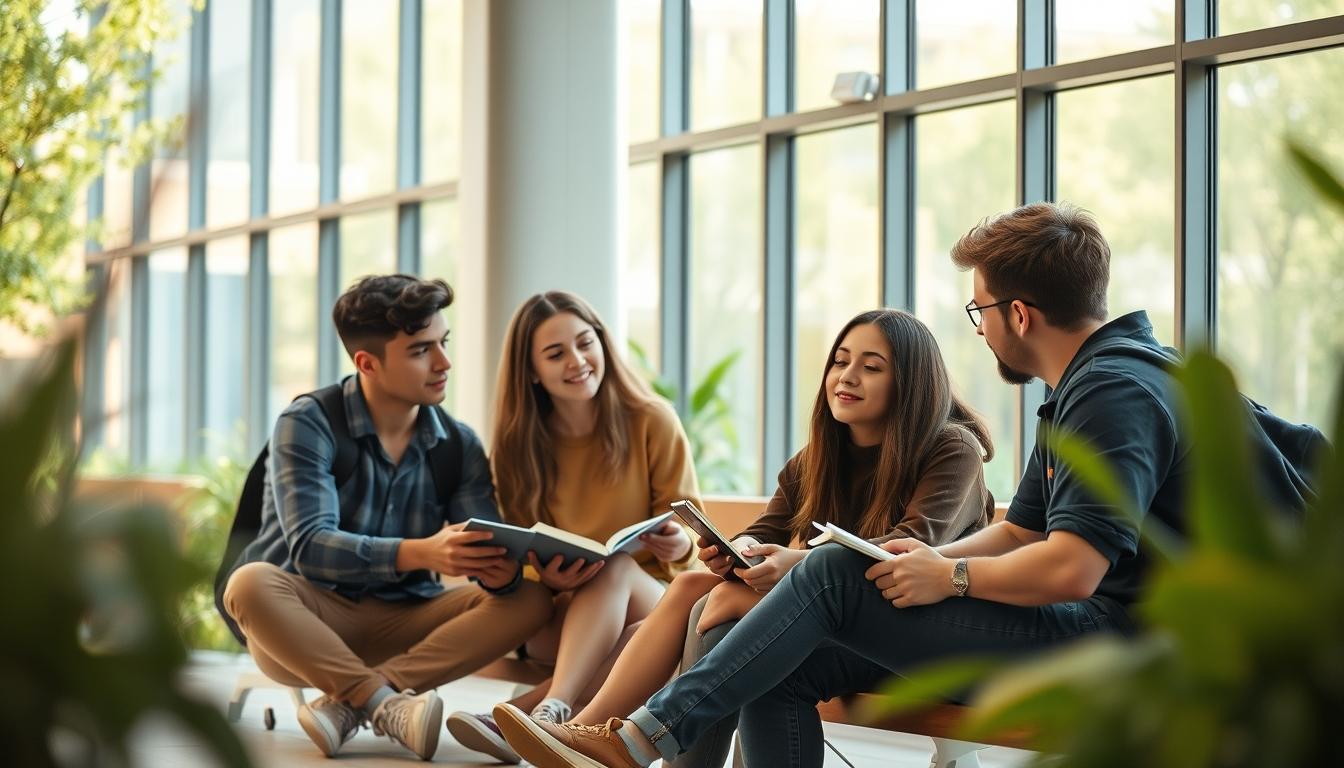 Students studying together in modern classroom